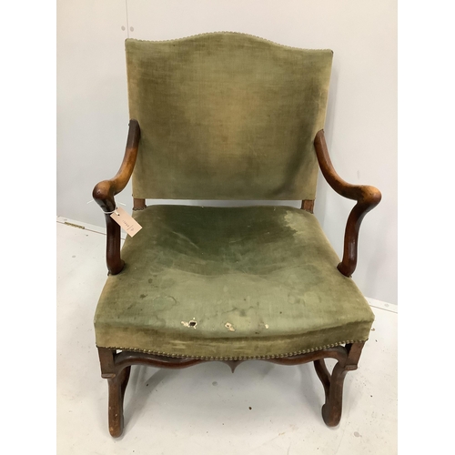 67 - An 18th century French walnut elbow chair, width 63cm, depth 57cm, height 95cm