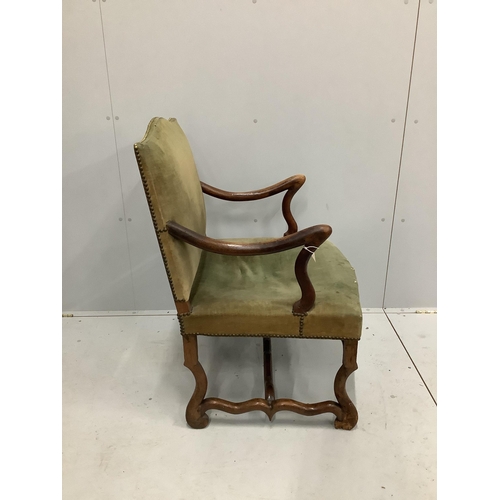 67 - An 18th century French walnut elbow chair, width 63cm, depth 57cm, height 95cm