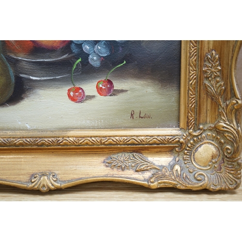 687 - R Law, oil on canvas, Still life of fruit, signed, 20 x 24cm