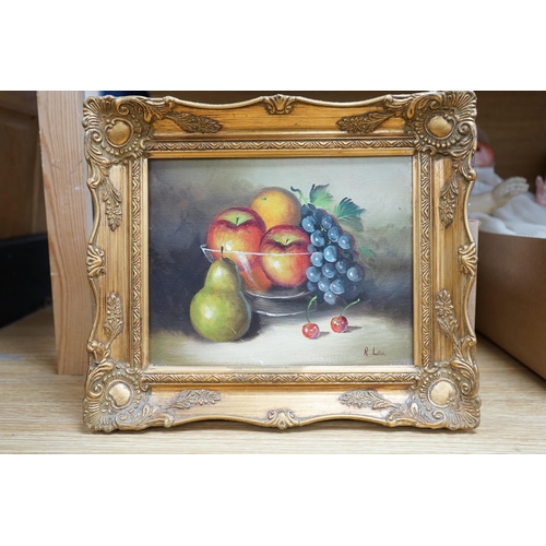 687 - R Law, oil on canvas, Still life of fruit, signed, 20 x 24cm