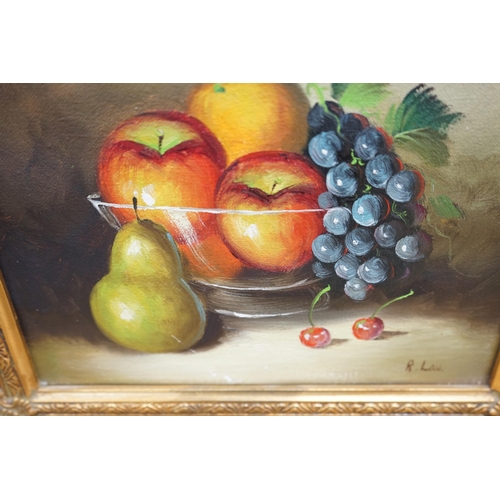 687 - R Law, oil on canvas, Still life of fruit, signed, 20 x 24cm