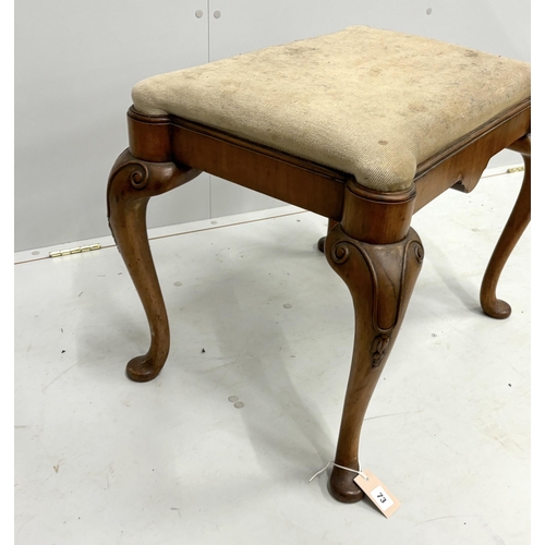 73 - A Queen Anne Revival walnut dressing stool, width 64cm, depth 48cm, height 51cm