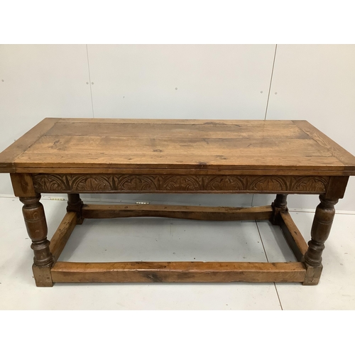 85 - A 17th century style rectangular oak refectory dining table, incorporates old timber, width 168cm, d... 