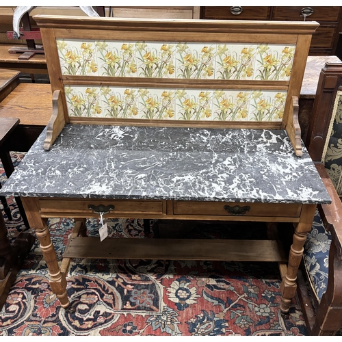 90 - A late Victorian pine marble topped tiled back washstand, width 107cm, depth 51cm, height 116cm... 