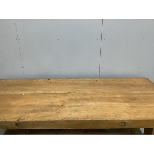 93 - An early 20th century rectangular oak and beech kitchen preparation table the 9.5cm thick cleated tw... 