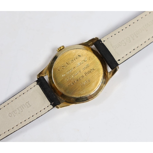 941 - A gentleman's 9ct gold Omega manual wind wrist watch, with case back inscription, on associated leat... 