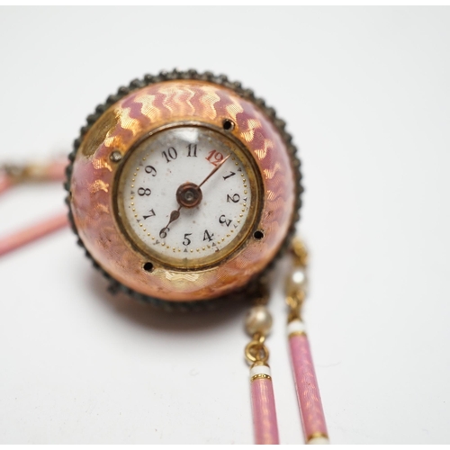 942 - A lady's Swiss Belle Epoque yellow metal, rose cut diamond and enamelled globe watch, on a similar y... 