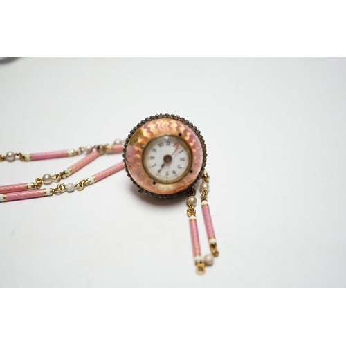 942 - A lady's Swiss Belle Epoque yellow metal, rose cut diamond and enamelled globe watch, on a similar y... 