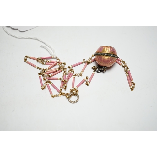 942 - A lady's Swiss Belle Epoque yellow metal, rose cut diamond and enamelled globe watch, on a similar y... 