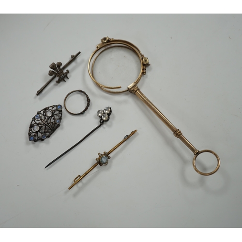951 - A pair of gold plated lorgnettes (a.f.) and five other items of jewellery including moonstone set (a... 