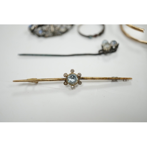 951 - A pair of gold plated lorgnettes (a.f.) and five other items of jewellery including moonstone set (a... 
