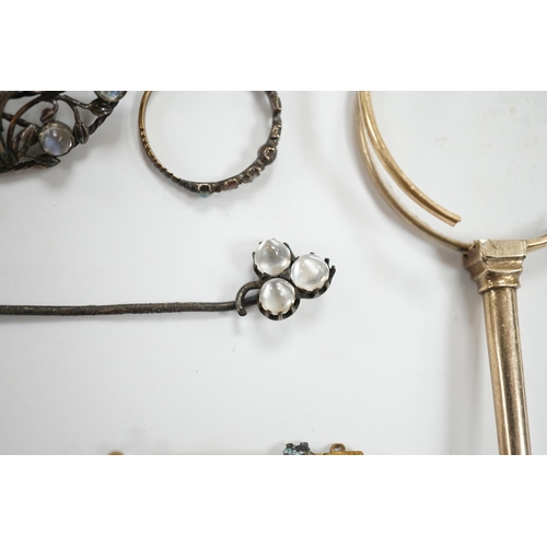 951 - A pair of gold plated lorgnettes (a.f.) and five other items of jewellery including moonstone set (a... 