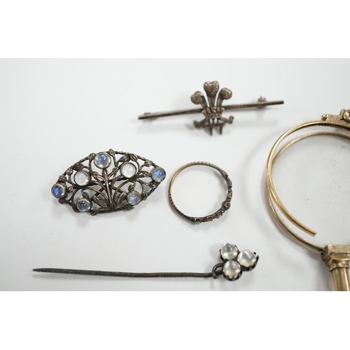 951 - A pair of gold plated lorgnettes (a.f.) and five other items of jewellery including moonstone set (a... 