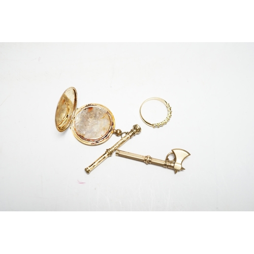 954 - A yellow metal (stamped 18) locket (a.f.), a yellow metal and illusion set diamond chip half eternit... 