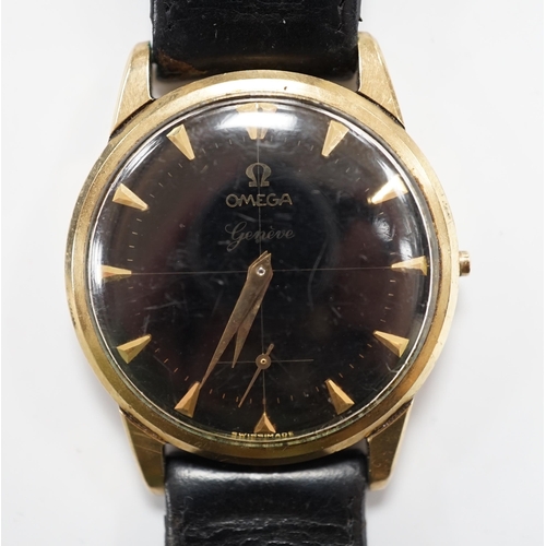958 - A gentleman's 9ct gold Omega manual wind black dial wrist watch (lacking winding crown), on associat... 