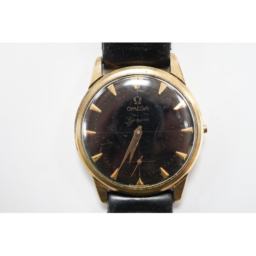 958 - A gentleman's 9ct gold Omega manual wind black dial wrist watch (lacking winding crown), on associat... 