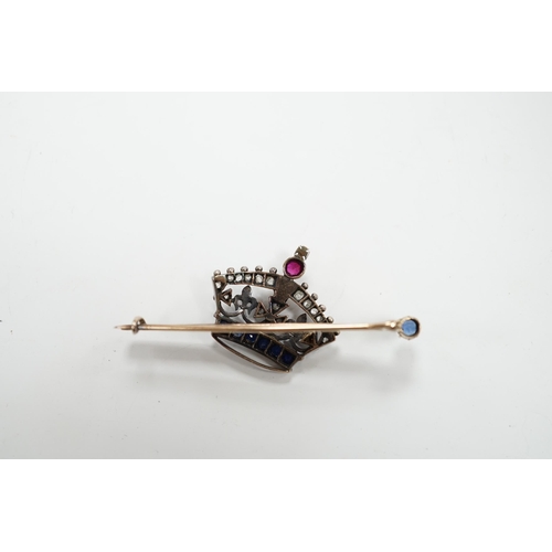 959 - An Edwardian yellow metal, ruby, sapphire and rose cut diamond set coronet bar brooch, 50mm, gross w... 