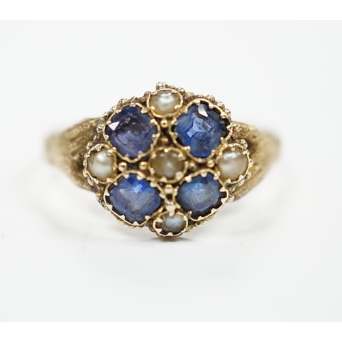 960 - A Victorian 12ct gold sapphire and seed pearl cluster set ring, size M, gross weight 1.6 grams.... 