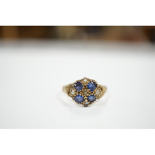 960 - A Victorian 12ct gold sapphire and seed pearl cluster set ring, size M, gross weight 1.6 grams.... 