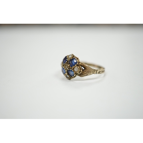 960 - A Victorian 12ct gold sapphire and seed pearl cluster set ring, size M, gross weight 1.6 grams.... 