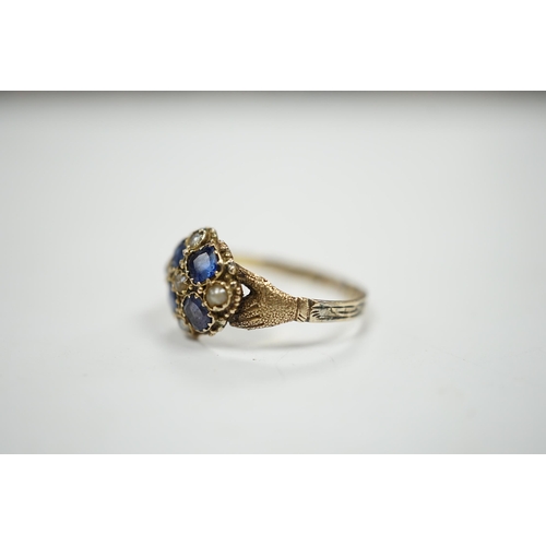 960 - A Victorian 12ct gold sapphire and seed pearl cluster set ring, size M, gross weight 1.6 grams.... 