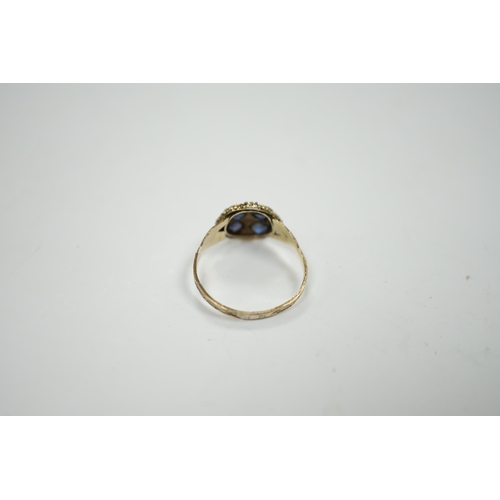 960 - A Victorian 12ct gold sapphire and seed pearl cluster set ring, size M, gross weight 1.6 grams.... 