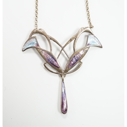 961 - A modern Art Nouveau style 925 white metal and two colour enamel set drop pendant necklace, 48cm... 