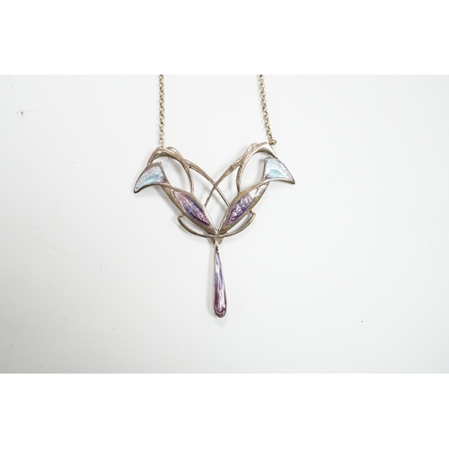 961 - A modern Art Nouveau style 925 white metal and two colour enamel set drop pendant necklace, 48cm... 