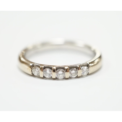 967 - A modern 18ct white gold and five stone diamond set half hoop ring, size J, gross weight 3.6 grams.... 