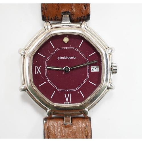 968 - A gentleman's Swiss stainless steel Gerald Genta quartz octagonal wrist watch, with burgundy dial an... 