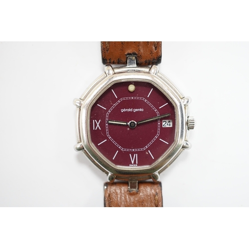 968 - A gentleman's Swiss stainless steel Gerald Genta quartz octagonal wrist watch, with burgundy dial an... 
