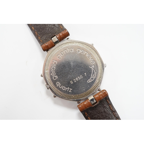 968 - A gentleman's Swiss stainless steel Gerald Genta quartz octagonal wrist watch, with burgundy dial an... 