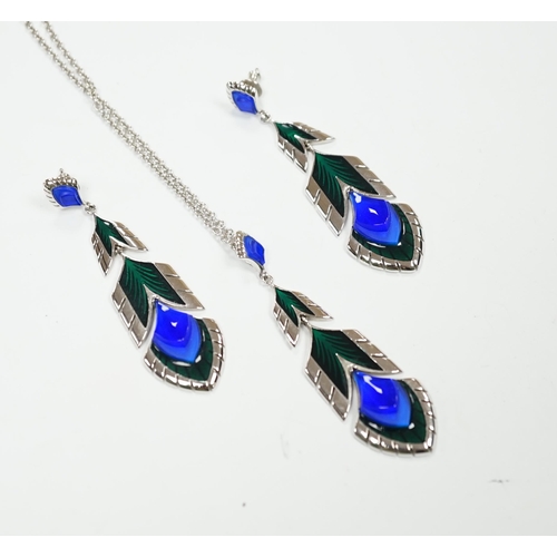 971 - A modern Lalique 925, enamel and glass set pendant necklace, 66cm and a pair of matching earrings.... 