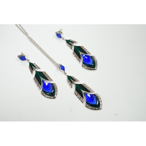 971 - A modern Lalique 925, enamel and glass set pendant necklace, 66cm and a pair of matching earrings.... 