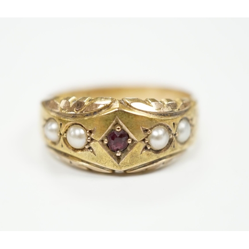 976 - A late Victorian 15ct gold, ruby and split pearl set half hoop ring, size M, gross weight 2.7 grams.... 