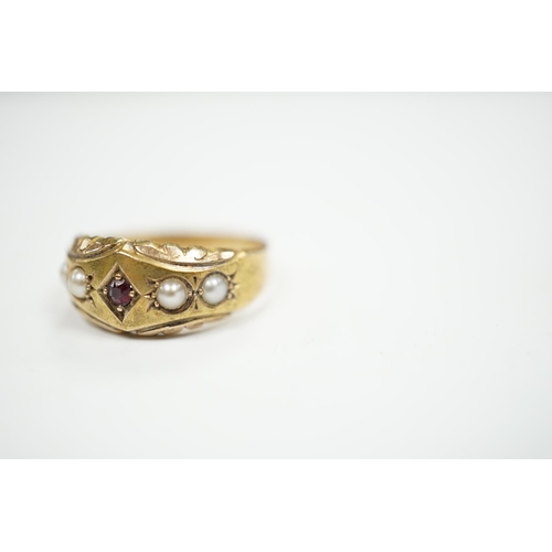 976 - A late Victorian 15ct gold, ruby and split pearl set half hoop ring, size M, gross weight 2.7 grams.... 