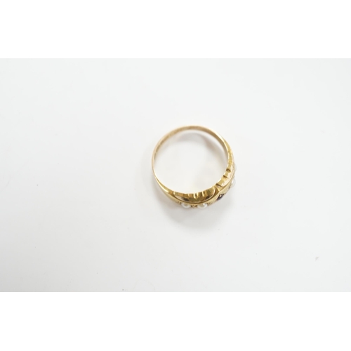 976 - A late Victorian 15ct gold, ruby and split pearl set half hoop ring, size M, gross weight 2.7 grams.... 