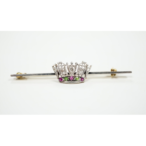 977 - An early 20th century, 15ct and plat. ruby, green garnet and diamond set coronet bar brooch, 50mm, g... 