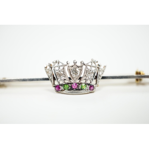 977 - An early 20th century, 15ct and plat. ruby, green garnet and diamond set coronet bar brooch, 50mm, g... 