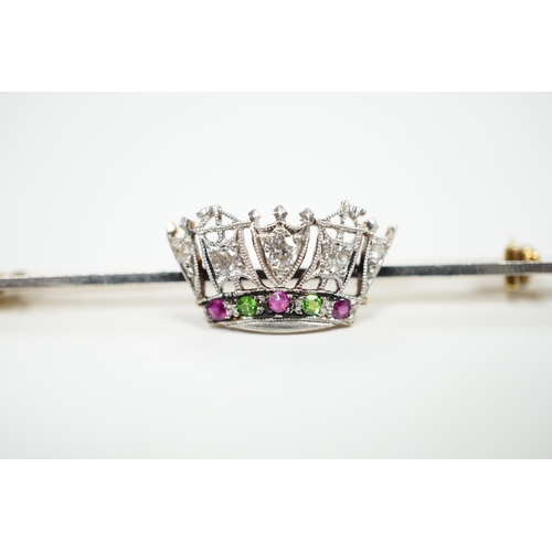 977 - An early 20th century, 15ct and plat. ruby, green garnet and diamond set coronet bar brooch, 50mm, g... 