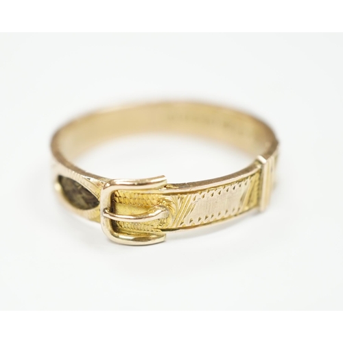 978 - A late Victorian 9ct gold and inset hair mourning buckle ring, size U, gross weight 2.2 grams.... 