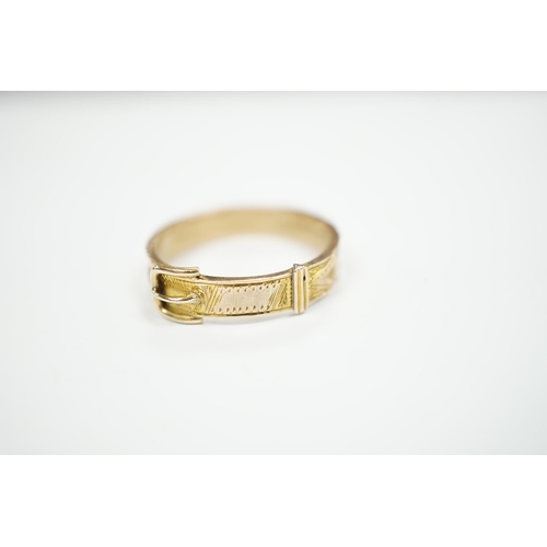 978 - A late Victorian 9ct gold and inset hair mourning buckle ring, size U, gross weight 2.2 grams.... 