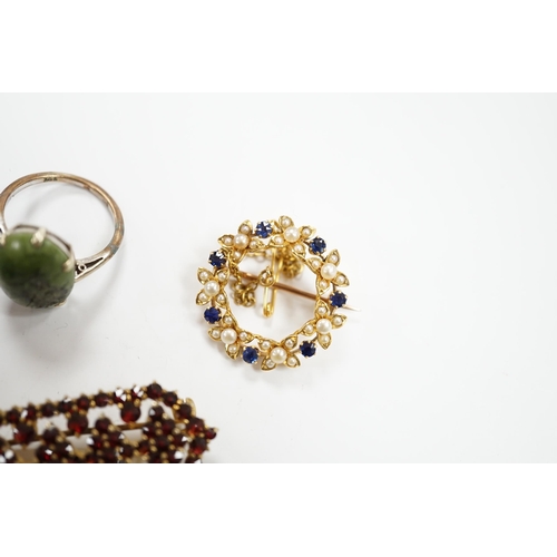 979 - A yellow metal, sapphire and seed pearl cluster set openwork brooch, 23mm, a 9ct and hardstone ring,... 