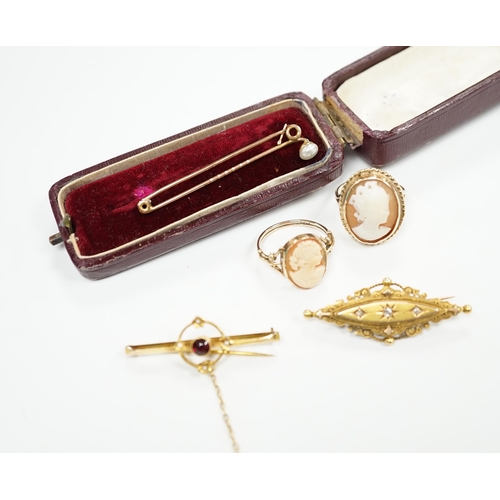 984 - A late Victorian 15ct gold and three stone diamond chip set brooch, 43mm, an early 20th century yell... 