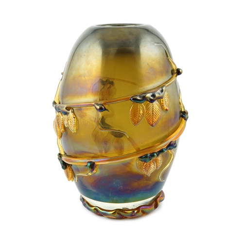 10 - ** ** A Murano amber glass ovoid shaped vase, entwined with leaves, signed, 37cm highPlease note thi... 