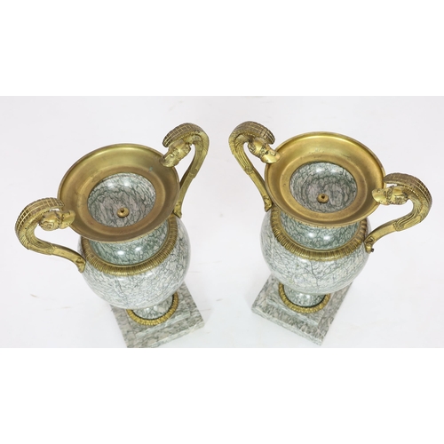 103 - * * A pair of 19th century ormolu mounted Chipollino green variegated marble vases, of neo-classical... 