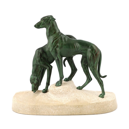 106 - Masson, a French Art Deco bronze and composition stone group of two hounds watering, signed in the b... 