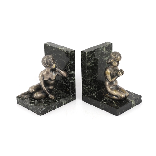 107 - Henri Fugère, a pair of silvered bronze and marble bookends modelled as a kneeling faun and girl hol... 