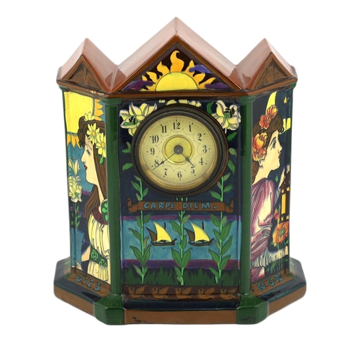 109 - A Foley Intarsio ware timepiece, designed by Frederick Rhead, c.1895, the case of architectural desi... 