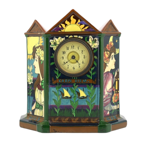 109 - A Foley Intarsio ware timepiece, designed by Frederick Rhead, c.1895, the case of architectural desi... 